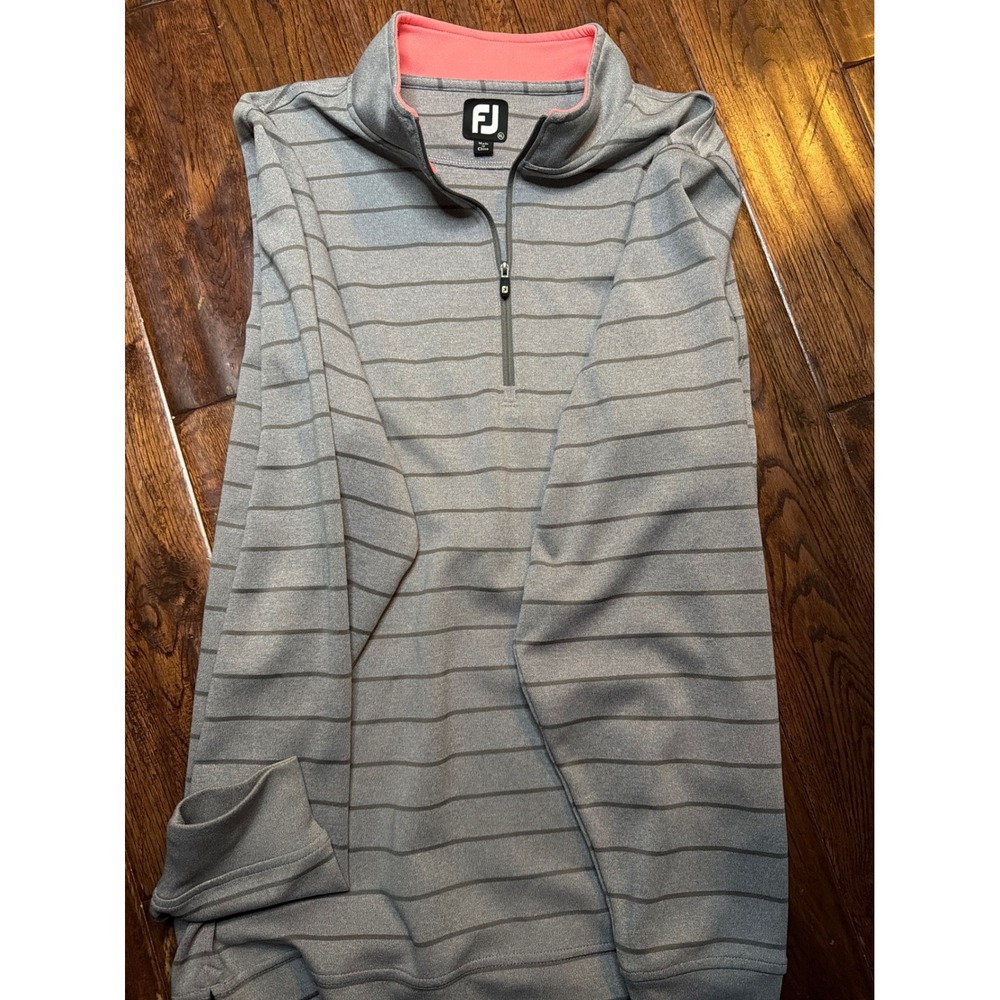 FootJoy Mens XL Grey Striped Quarter Zip Golf Pullover Pink Trim Performance Top